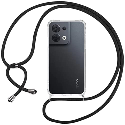 ISOI Funda con Cuerda para OPPO Reno 8 5G, Carcasa Transparente TPU Suave Silicona Case con Correa Colgante Ajustable Collar Correa de Cuello Cadena Cordón, Negro Cover