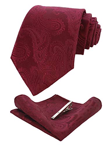 JEMYGINS Cravate Homme Bordeaux Rouge en Soie Paisley Mariage et Pinces à cravate et Carre de poche Ensemble Compris boîte(1)