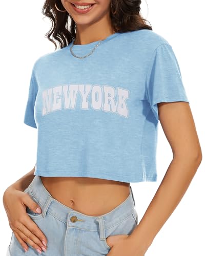Image of Womens Summer Crop Tops Short Sleeve Round Neck T-Shirts Loose Fit Casual Blouse 2026
