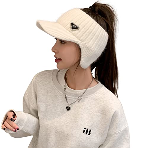 Image of Open Beanie with Earflaps Visor Brim Bun Ponytail Winter Golf Tennis Hats Women