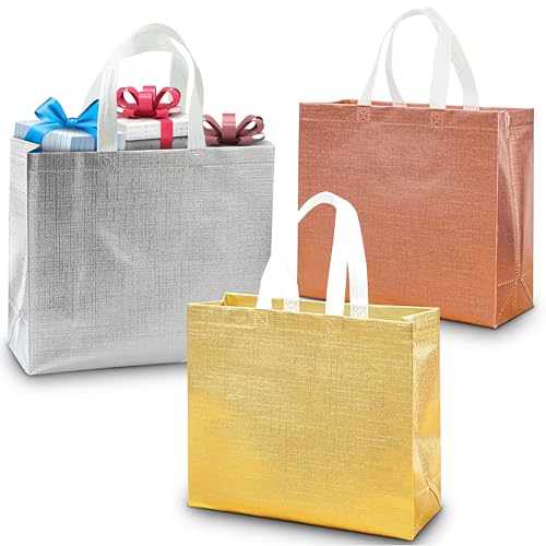 24 Gift Bags , Multipack of 8 Rose Gold, 8 Silver , 8 Gold , Reusable Shopping Bags for Birthdays , Goody Bags , Gift Bags With Handles , Shopping Bags , Birthday Gift Bag , Size 32 x 28 x 12 cm