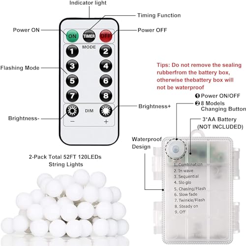 YOYONACY Battery Operated String Lights Bedroom - 52FT 2 Pack 120 LED Battery Powered String Lights Waterproof 8 Modes with Remote and Timer for Indoor Outdoor Christmas Decor Lights, Warm White