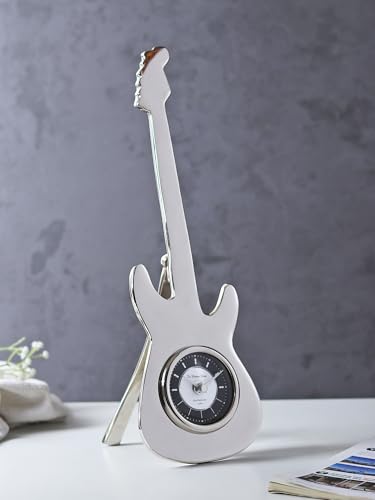Image of Decor de Maison Handcrafted Encore Analog Table Clock for Kids Room, Living Room, Bedroom, Study Table, Office Desk | Classic Non-Ticking Tabletop Battery Operated Desk Clock in Silver (14x5x42cm)