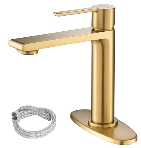 Casta Diva Brushed Gold Bathroom Sink Faucet for 1 or 3 Hole Sink, Single Handle Brass Lavatory Faucet incl. Deckplate, Tool Free Installation