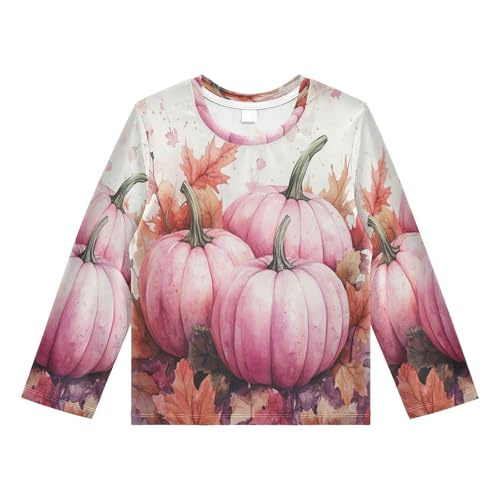 Pink Pumpkins Autumn Leaves Boys Rash Guard Long Sleeve UPF 50+ Boys Swim Shirt Quick Dry Shirt for 3-12 Years