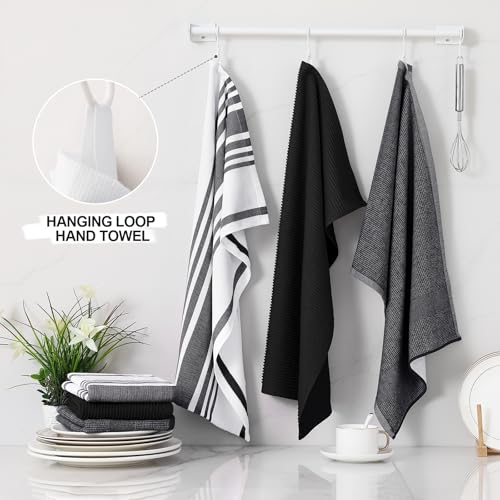 Image of Homaxy Premium Kitchen Towels(18 inchx 28 inch, 9 Pack), Large Cotton 380 GSM Kitchen Hand Towels, Soft and Absorbent Terry Dish Towels, Multipurpose Tea Towel Set with Hanging Loop, Black