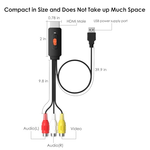 RuiPuo RCA to HDMI Converter Adapter, AV to HDMI Composite CVBS Video Audio Cabler Supports with Aspect Ratio Switch (4:3/16:9), 1080P/720P, PAL/NTSC for Wii/N64/PS2/DVD