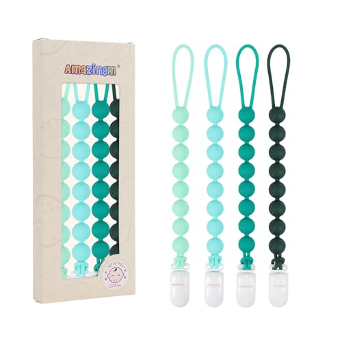 Image of 4 Pcs Green Baby Silicone Teething Pacifier Clip,One-piece Design,Round Shape,Smooth Surface,BPA Free.