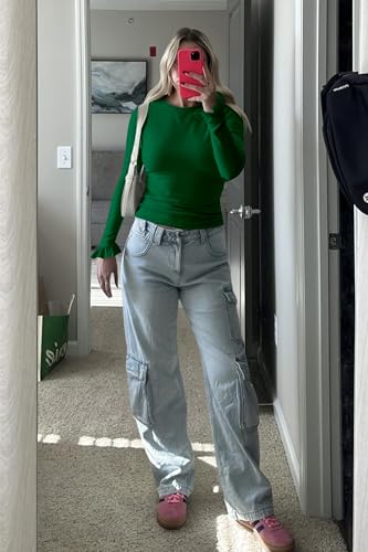 Tankaneo Womens Long Sleeve Shirts 2025 Fall Trendy Basic T Shirts Ruffle Going Out Tops Outfits Y2k Clothes Green — view 5