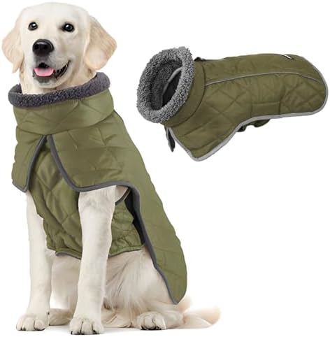 Fragralley Dog Coat Small, Waterproof Dog Jacket with Warm Fleece Lining, Adjustable Reflective Dogs Winter Coat, Turtleneck Pet Coats for Cold Weather ArmyGreen S