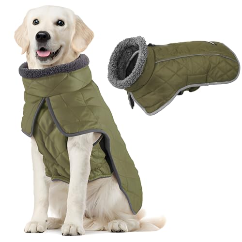 Image of Fragralley Dog Coat Large, Waterproof Dog Jacket with Warm Fleece Lining, Adjustable Reflective Dogs Winter Coat, Turtleneck Pet Coats for Cold Weather (ArmyGreen XL)