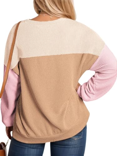 Image of Womens Plus Size Tops Fall Oversized Crewneck Tshirts Long Sleeve Color Block Shirts Khaki Orange 4XL
