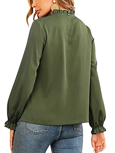 Lyaner Women's Frill Mock Neck Flounce Long Sleeve Solid Blouse Office Shirt Top Army Green Small #TOP1