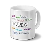 printplanet Tasse mit Namen Marion - Positive Eigenschaften von Marion - Namenstasse, Kaffeebecher, Mug, Becher, Kaffeetasse - Farbe Weiß