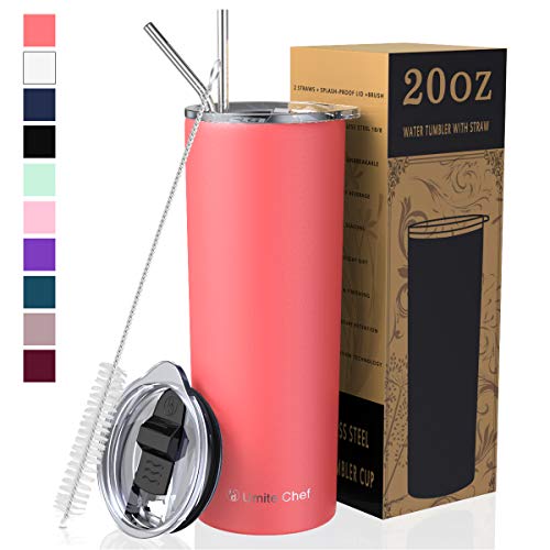 Umite Chef Straw Tumbler Skinny Travel Tumbler with Lid, Vacuum Insulated 20oz Coffee