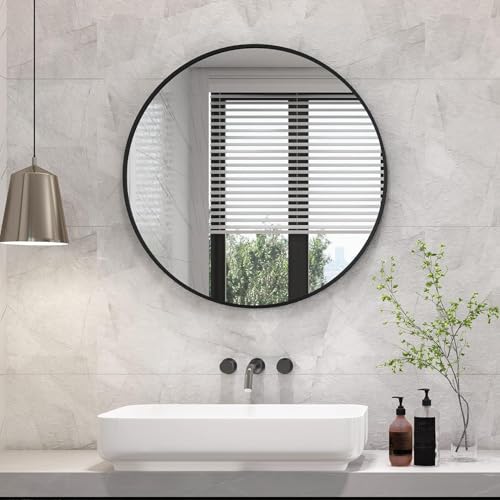 Image of The Arts Box Round Decorative Wall Mirror | Metal Finish Frame with Timeless Design for Bathroom, Living Room, Bedroom, Vanity Mirror (Black 18 Inch)