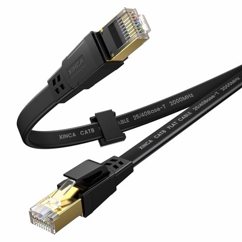 Cat 8 Ethernet Cable 6FT, High Speed Flat Network Cable Shielded with Gold Plated RJ45 Connector, 26AWG Lastest 40Gbps 2000Mhz SFTP Patch Cord for Router, Modem, Gaming, Ethernet Switch (Black)