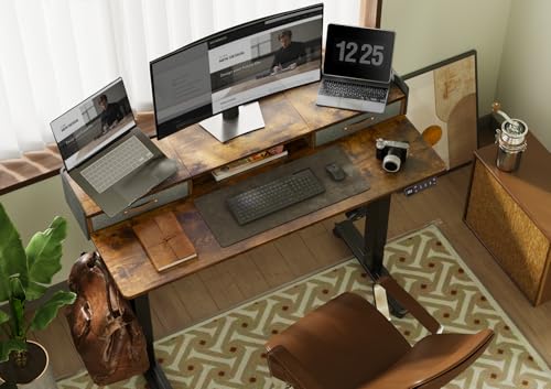 Image of Claiks Standing Desk with Drawers & Wheels, 2 Height Shelf 63 inch Rustic Brown
