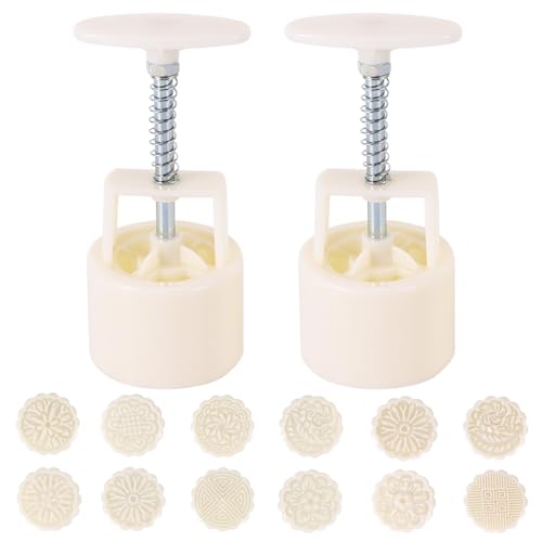 2 Sets Round Mooncake Mold, 75g Round Cookie & Pastry Cutter Mold Set with 12 Stamps, DIY Hand Pressure Flower Cookie Cutters for Baking Cake Cookie Biscuit Dessert and Holiday Treats