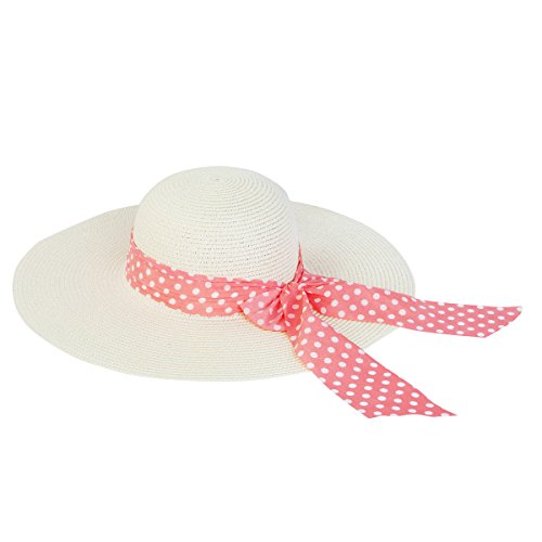 Princess Polka Dot Bow Natural Floppy Wide Brim Straw Beach Sun Hat, Coral Band