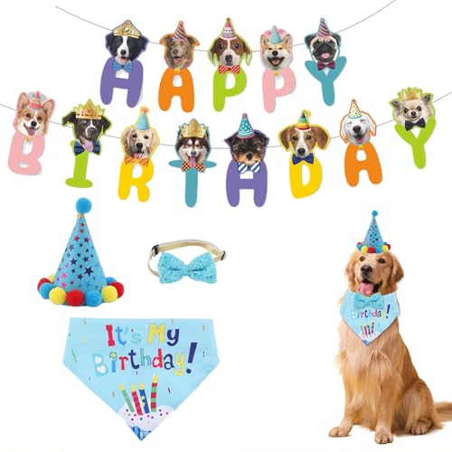 GlamRays 4 accessori per feste di compleanno per cani, blu, cappello, fermagli, bandana, striscioni, cuccioli, animali domestici, decorazioni di compleanno