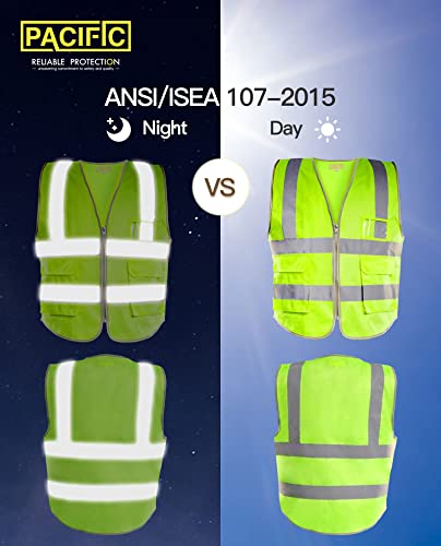 Pacific Ppe High Visibility Safety Vest With Pockets And Zipper, Reflective Strips, Meet Ansi/Isea Standards, Large, Yellow #TOP2