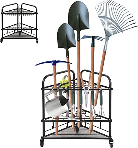 MYOYAY Garden Tool Organizer with Wheels and Storage Hooks, Mobile Garden Tool Tower Garage Storage Holder Tool Storage Rack, Rolling Corner Workshop Space Organizer for Garden, Shed, Garage