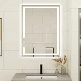 BuLife 28 X 20 Inch LED Bathroom Vanity Mirror, 3 Colors Light Dimmable, Wall Mounted Memory Lighted