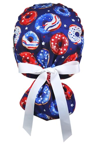 Image of Scrub Cap for Women and Men, Ponytail Scrub Caps, Working Hat, Head Cover with Ribbon Ties and Buttons, Long Hair