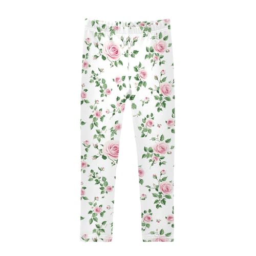 Pink Roses Girls' Leggings Toddler Doodles Green Leaves Kids Yoga Pants Dance Active Tights 4T