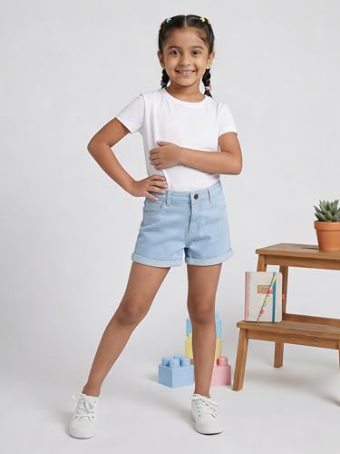 Image of KiddoPanti Girls Tight Length Rollup Denim Shorts with Lavender and Pink 3D Crochet Flowers