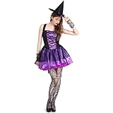 Sexy Witch Costume Halloween Dress For Women Gothic Dresses Spaghetti Straps Sleeveless High-low Hem Ruffle Dress with Hat Wristbands Dress Up Outfits Disfraces De Halloween Para Mujer Purple L