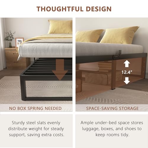 Image of ZTH Full Size Metal Platform Bed Frame 14 in, No Box Spring Needed, Black | Heavy duty support, Underbed storage, Noise-free design, Anti-slip clips, Rounded legs, Easy assembly, Headboard compatible