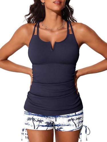 Image of Summer Mae Tankini Swimsuits for Women 2026 Bathing Suits Top Ruched Two Piece Tummy Control V-Wire Modest Swim Suits | Modest Bathing Suit, Flattering Swim Suit, Swimsuit with Adjustable Strap, Tankini with Shorts, Boy Shorts with Sporty Pocket