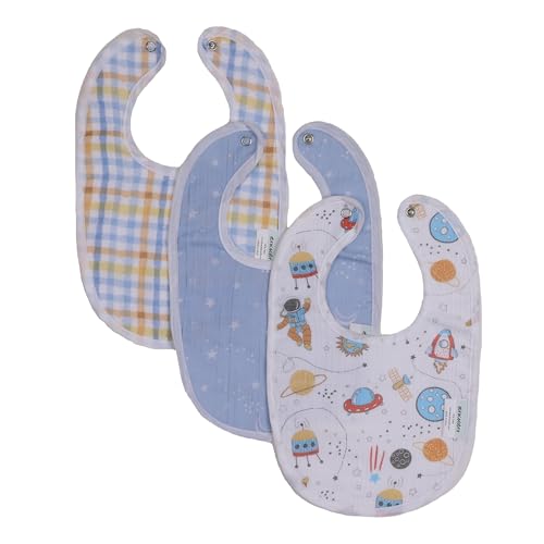 Image of abracadabra Muslin Bibs with Adjustable Snap Button Closure, Super Absorbent, Soft, Comfortable & Lightweight, Set of 3 - Rocketman