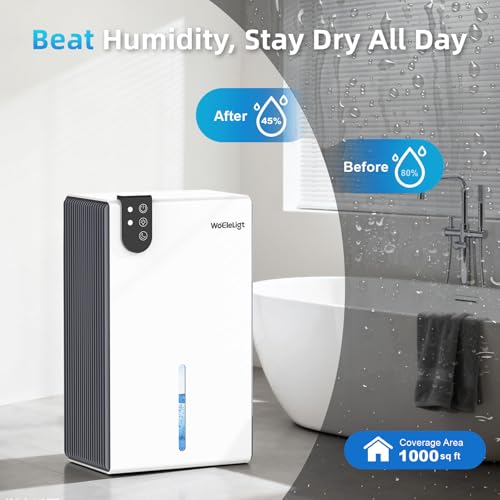 Image of 98 OZ Small Dehumidifier for Home 1000 Sq Ft, Quiet Dehumidifier with Drain Hose, Auto Shut-Off, Sleep Mode, 7-Color Light for Basement, Bedroom, Bathroom, Closet, RV (Grey White)