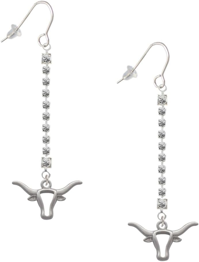 Delight Jewelry Silvertone Longhorn Head Outline Silver-tone Long Sparkle Dangle French Earrings