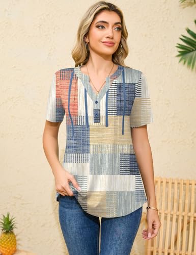 IECCP Women's Summer Short Sleeve T-Shirt Tunic, Colourful Plaid, M (UK 12-14) - Image 4