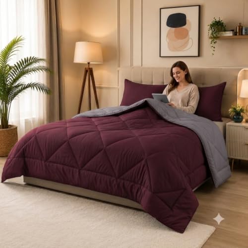 Image of 220 GSM Comforter Set Double Bed | Microfiber Reversible AC Blanket Duvet Quilt for Double Bed King Size for Winter (Maroon & Grey)