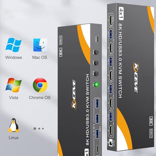 Image of 8K KVM Switch 1 Monitor 4 Computers 8K@60Hz 4K@120Hz, HDMI KVM Switch with 3 USB 3.0 Ports for 4 Computers Share 1 Monitor Keyboard Mouse Printer, with 2 USB Cables and Controller