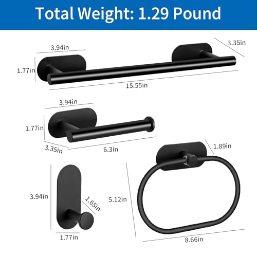 5 Pieces Bathroom Hardware Set, Self Adhesive Matte Black Bathroom Accessories Set Stainless Steel, Including 16\" Towel Bar, Toilet Paper Holder, Towel Ring, Towel Hook, Towel Racks for Bathroom