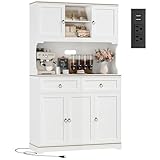 HOSTACK Large Kitchen Pantry Cabinet with Charging Station, 71' Kitchen Hutch Cabinet with Storage Drawers and Countertop, Farmhouse Food Pantry with Microwave Stand for Dining Living Room, White