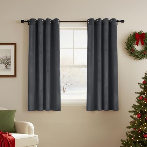 Deconovo Velvet Curtains Eyelet Soft Blackout Curtains Thermal Insulated Elegent Room Darkening Drapes for Bedroom 66 x 54 Inch Grey One Pair