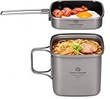 COOK'N'ESCAPE チタン角型クッカーセット 1100mlポット+300mlフライパン+400mlケトル 超軽量385g セラミック加工・フタ兼用 スタッキング収納可 純チタン製・食品衛生基準適合 キャンプ 登山 ソロ用 クッカーセット 5年保証 (1100mlポット+300mlフライパン)