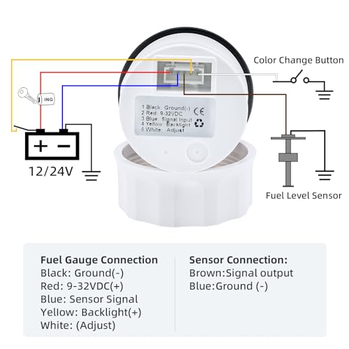 Kraftstoffstandsanzeige mit 250mm Kraftstoffstandssensor, 0-190ohms 7 Hintergrundbeleuchtung Universal Auto Kraftstoffstandsanzeige Tankuhr mit Wasserstandssensor Kraftstoffsensor für, Boot, Wohnmobil