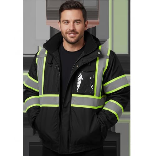 Image of sesafety Reflective Jacket for Men, High Visibility Jackets, Safety Jackets for Men, Hi Vis Construction Bomber Jackets Waterproof with Pockets and Zipper, Black Bottom, Class 3