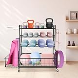 Estantería de almacenamiento de 4 niveles con ruedas, soporte para pesas, organizador de equipo multifuncional con ganchos, soporte para esterillas de yoga, garajes, salones, gimnasios