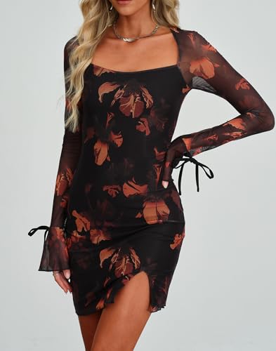 Image of HYPERFIRE Women's Mesh Long Sleeve Square Neck Split Hem Party Club Cocktail Bodycon Mini Dress