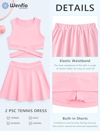 Image of Wenlia Girls Tennis Dress Sleeveless Golf Outfit 2 PCS Athletic Dress Activewear Set with Built in Shorts for 5-14Y