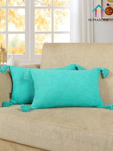 Image of HOMADORN Luxury Cotton Handmade Decorative Boho Throw Pillow Covers with Tassels for Sofa Couch Living Room Indoor Outdoor Chair Car Farmhouse (12X20 INCHES (Rectangle), Turquoise (Pack of 2))